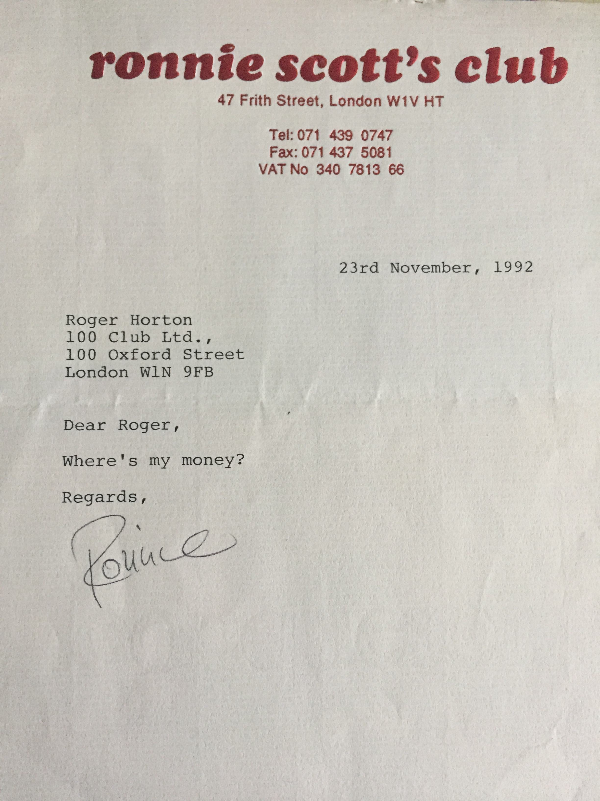 1.Letter to Roger Horton from Ronnie Scott (1992)